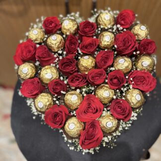 Heart shape Red Roses n Rochers Box Arrangement