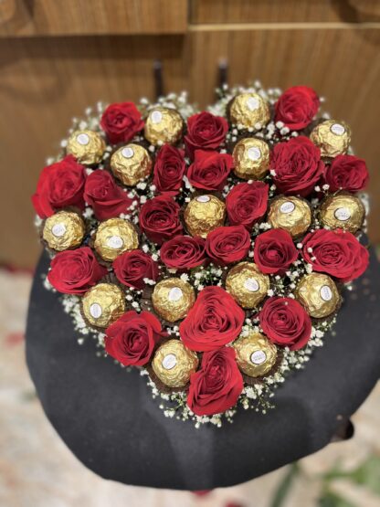 Heart shape Red Roses n Rochers Box Arrangement