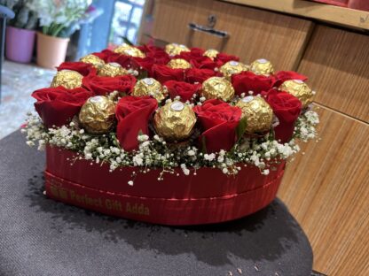Heart shape Red Roses n Rochers Box Arrangement - Image 2