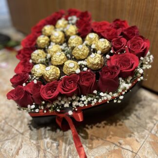 Heart shape Red Roses n Rochers Box Arrangement