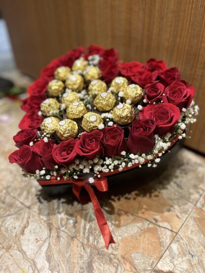 Heart shape Red Roses n Rochers Box Arrangement