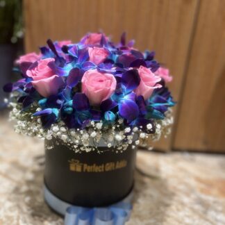 Blue Orchids & Pink Roses Box Arrangement