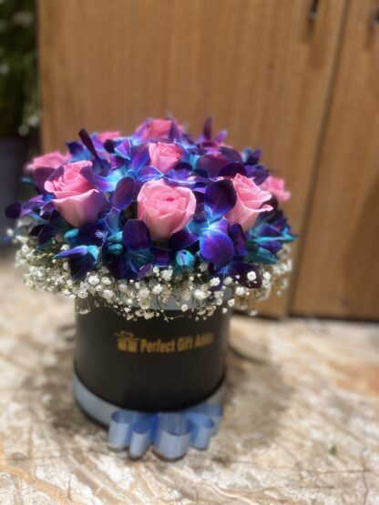 Blue Orchids & Pink Roses Box Arrangement