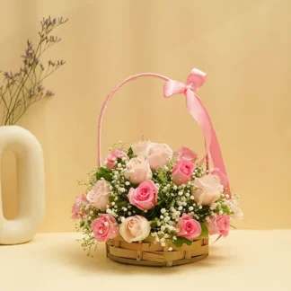 Pink Roses Arrangement In Handle Basket