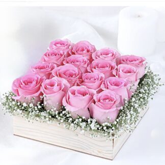 Pink Roses Arrangement In Wooden Tray