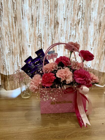 Pink Carnations & Dairy Milk In Handle Bag