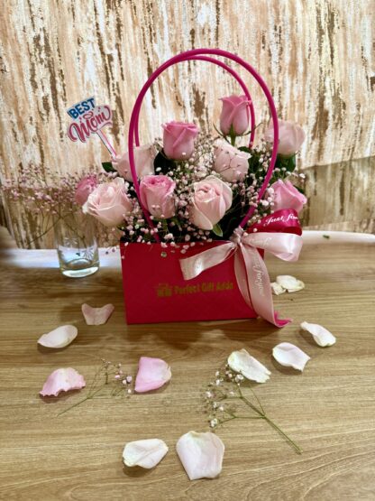 Elegant Pink Roses In Handle Bag-By PGA