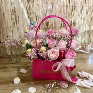 Lovely Pink Roses & Chocolates In Bag