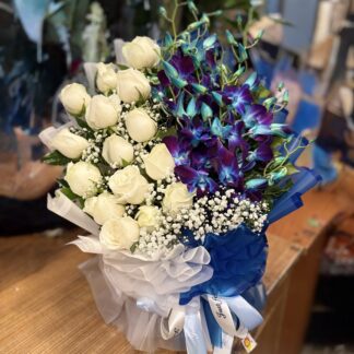 Blue Orchids & White Roses Premium Arrangement