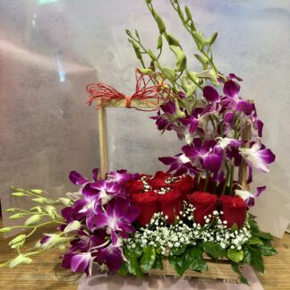 Purple Orchids & Red Roses Basket Arrangement