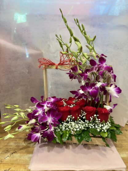 Purple Orchids & Red Roses Basket Arrangement