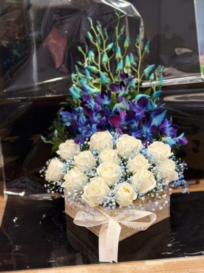 Blue Orchids n Roses In Tray