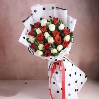 White n Red Roses In Polka Dot Wrap
