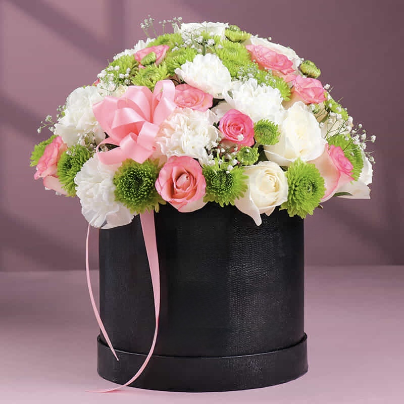 Full Of Blushing Blooms Box Arrangement
