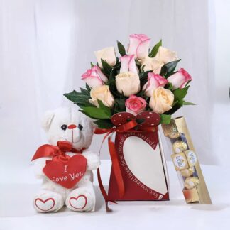 Roses In Box With Teddy N Ferrero Rocher Combo