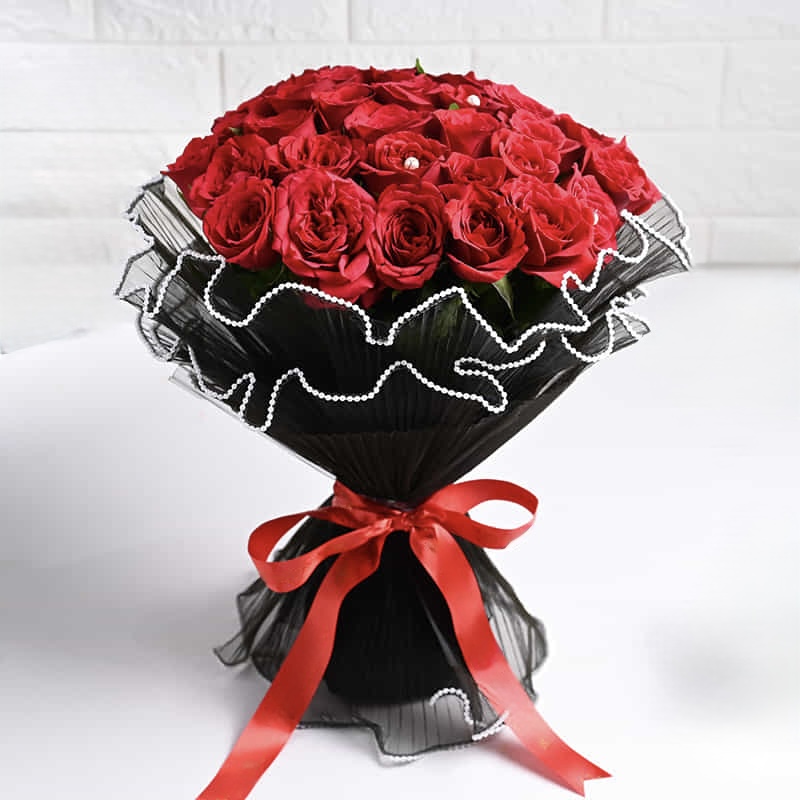 Premium Red Roses Bouquet In Black Net
