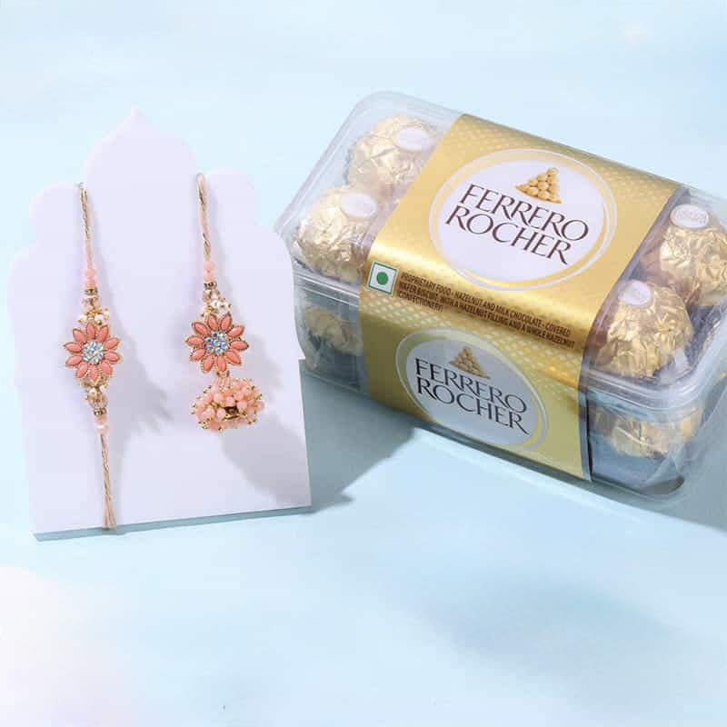 Peach Bhaiya Bhabhi Rakhi With Ferrero Rocher Box