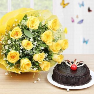 Yellow Roses n Chocolate Cake