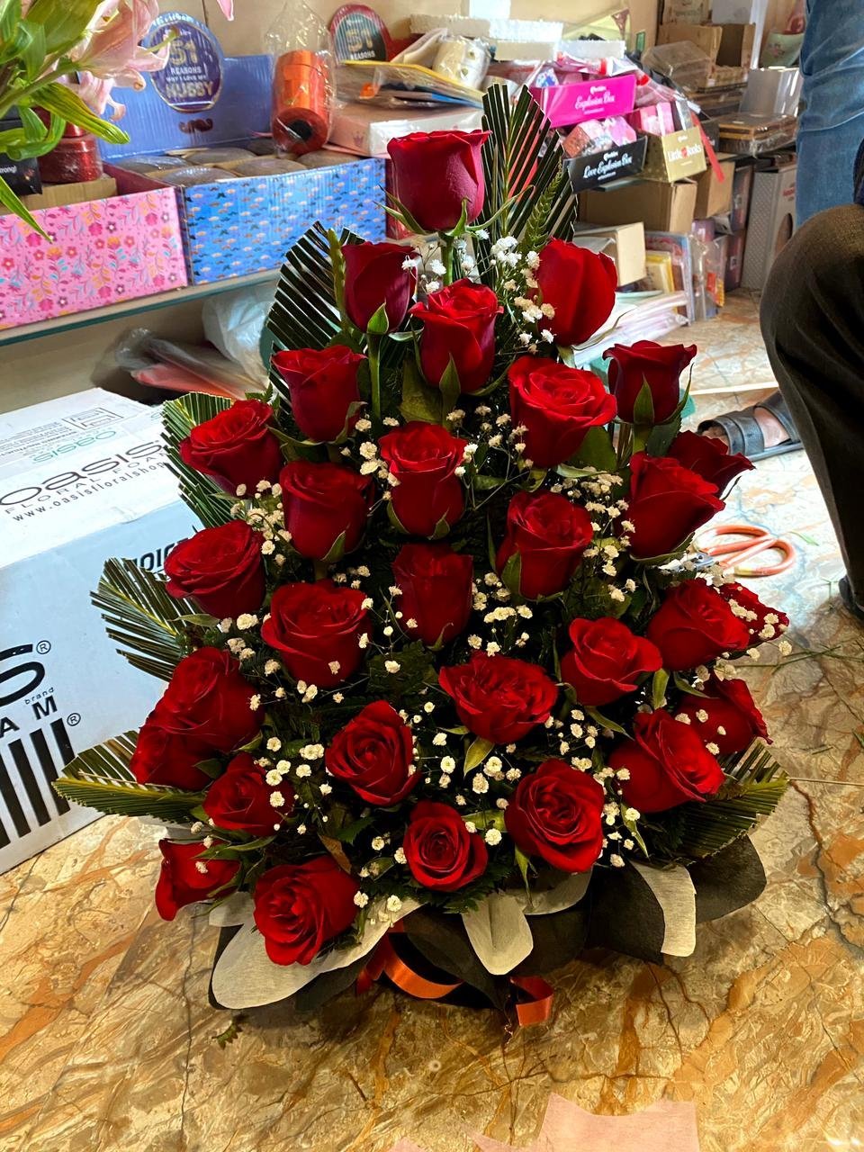 Red Roses One Sided Basket Arrangement