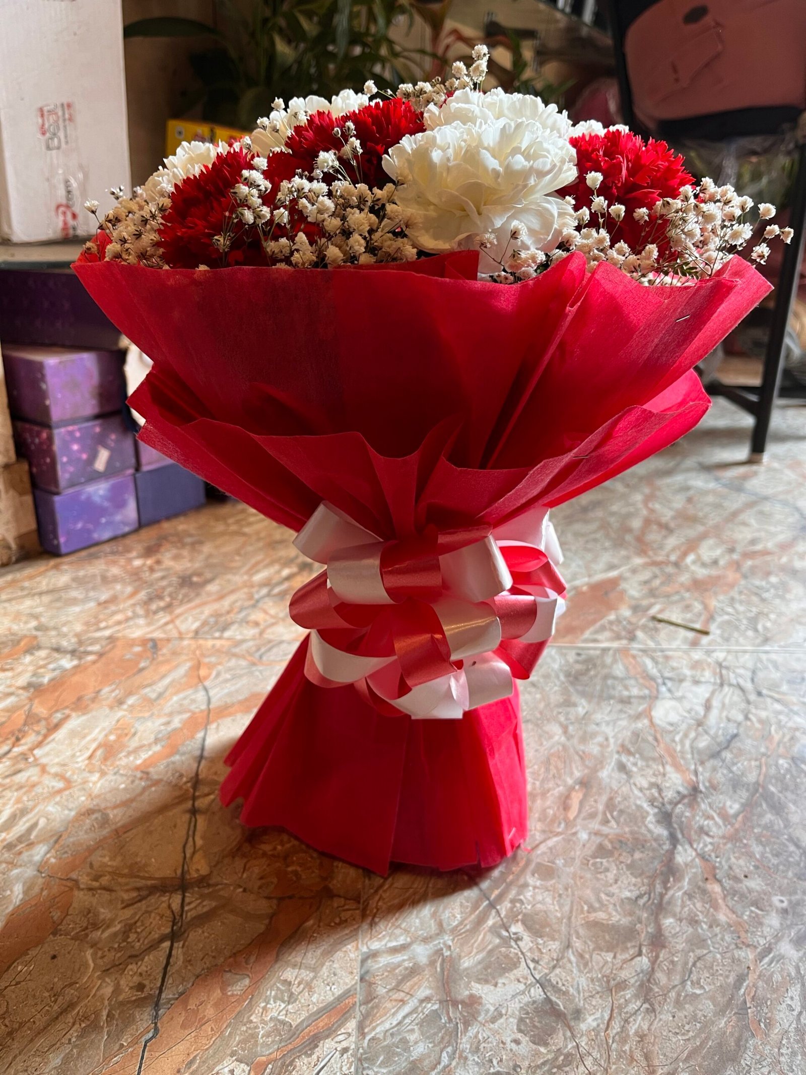 Red n White Carnations Bouquet