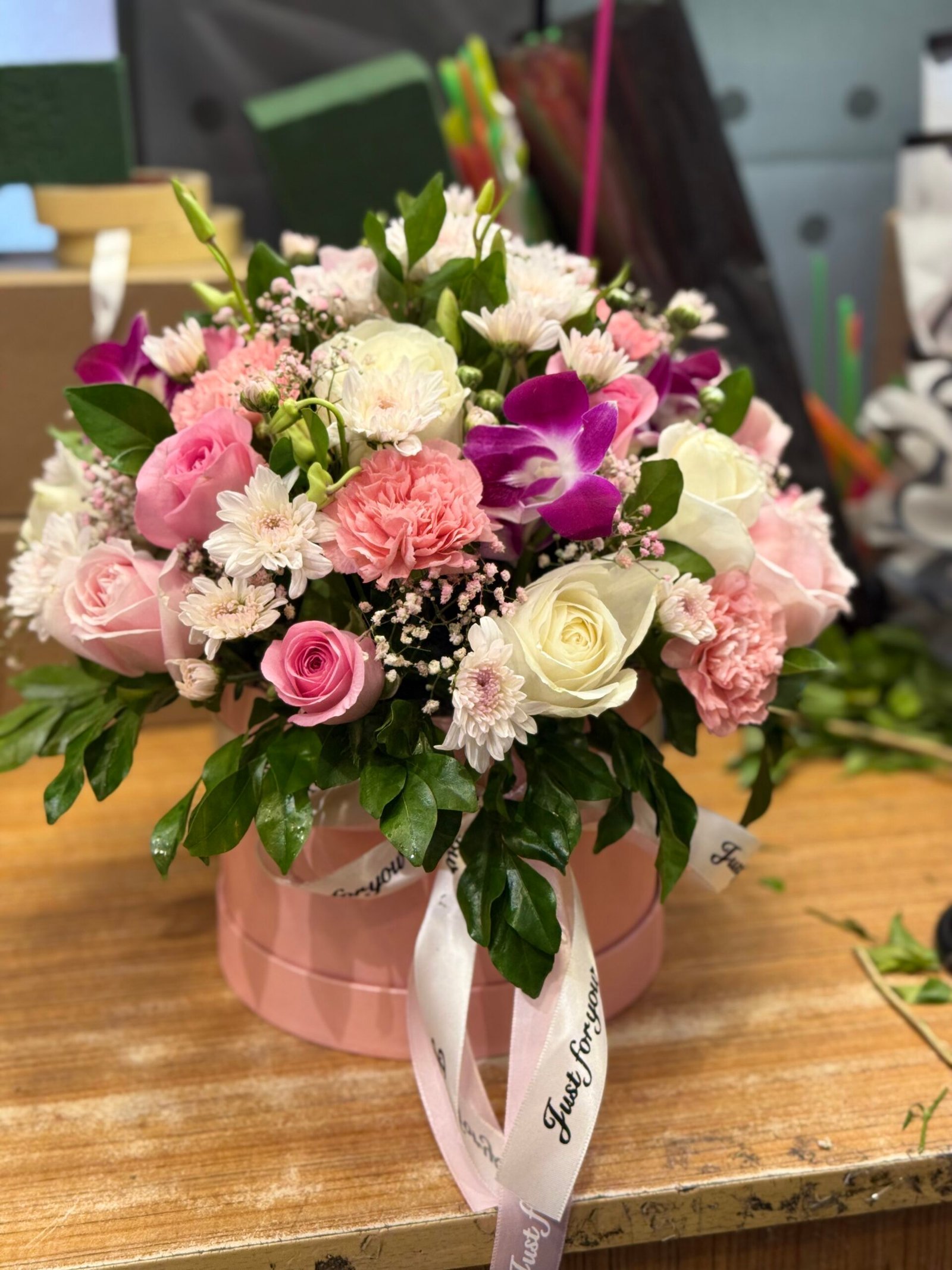 Mix Flowers Pink Charm Box Arrangement-By PGA