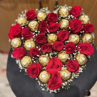 Heart shape Red Roses n Rochers Box Arrangement