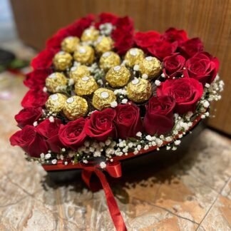 Heart shape Red Roses n Rochers Box Arrangement