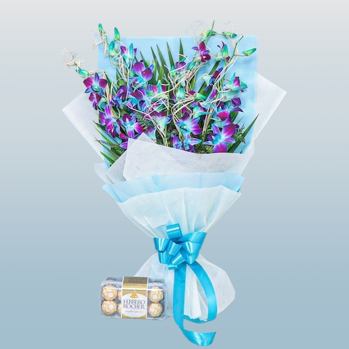 Blue Orchids With Ferrero Box Combo