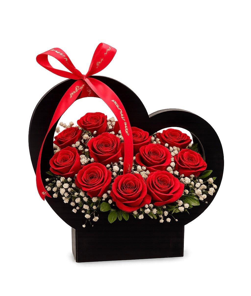 Red Roses In Dashing Black Heart