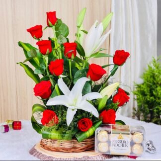 Lillies n Roses Arrangement With Chocolate Box