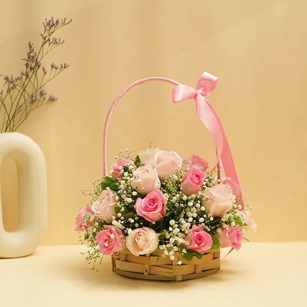 Pink Roses Arrangement In Handle Basket