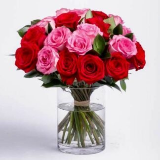 20 Mix Red n Pink Roses In Glass Vase